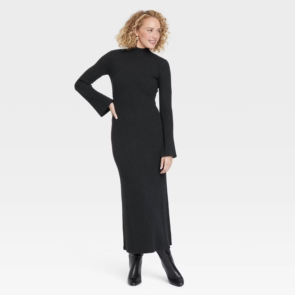 a new day Black Ribbed Long Sleeve Maxi Sweater Dress